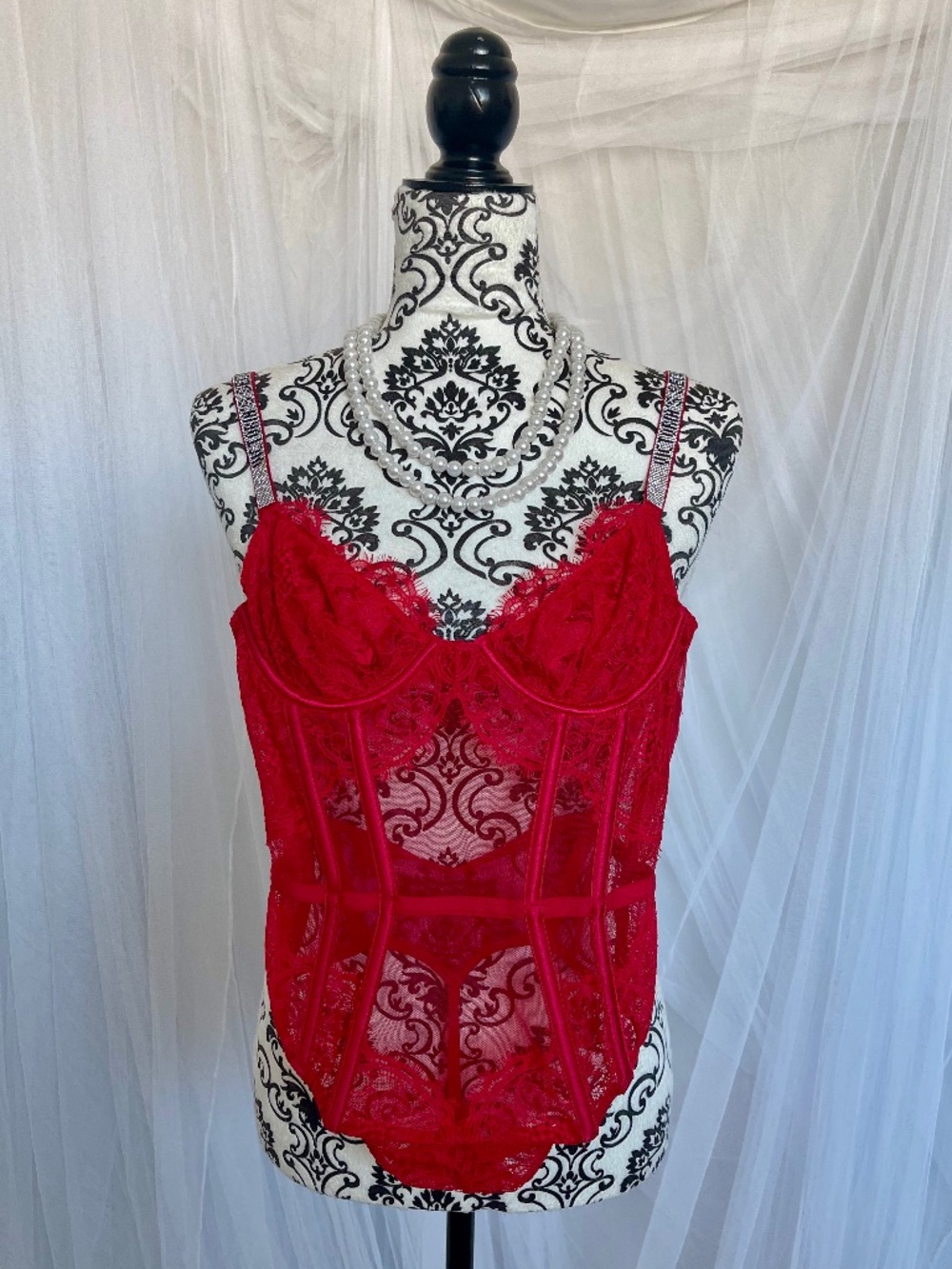 Victoria's Secret Red Lace Corset Bodysuit Rhinestone Strap Teddy Small